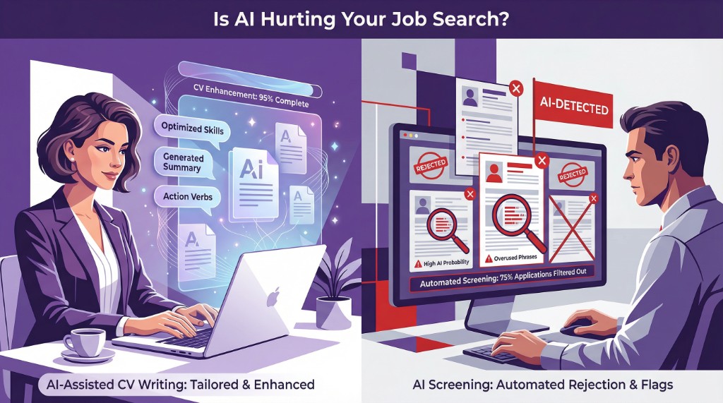Zweigeteilte Illustration: links KI-gestützte CV-Erstellung, rechts Arbeitgeber-KI-Auswahl mit Ablehnungsindikatoren