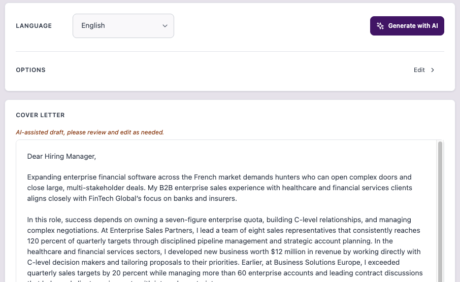 AI-assistent die functierelevante CV- en motivatiebriefteksten genereert.