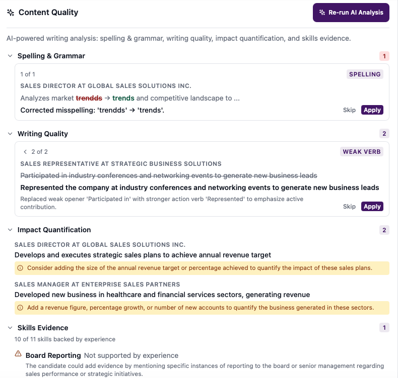 Lebenslauf-Diagnose mit Strukturprüfungen und KI-gestützter Schreibanalyse.