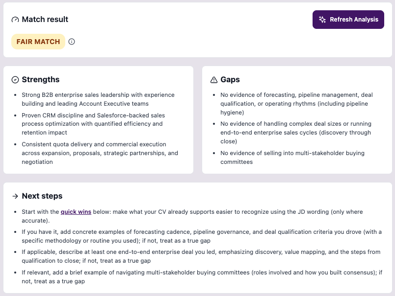 Schermen voor motivatiebriefgeneratie en matchresultaat.